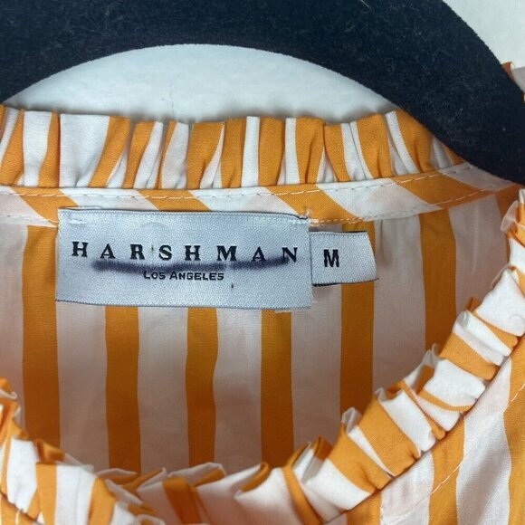 Harshman Women's Striped Ruffle Blouse Size M MISSING BUTTON Orange White - Picture 2 of 10